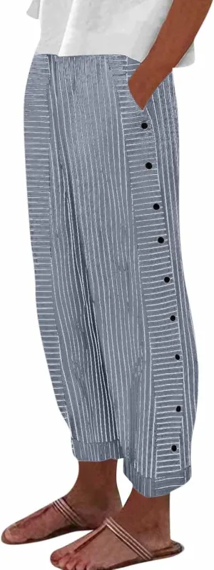 Striped Linen Pants Women 2025 Casual Summer Pants Side Button Elastic Waist Pants Straight Leg Trousers with Pockets