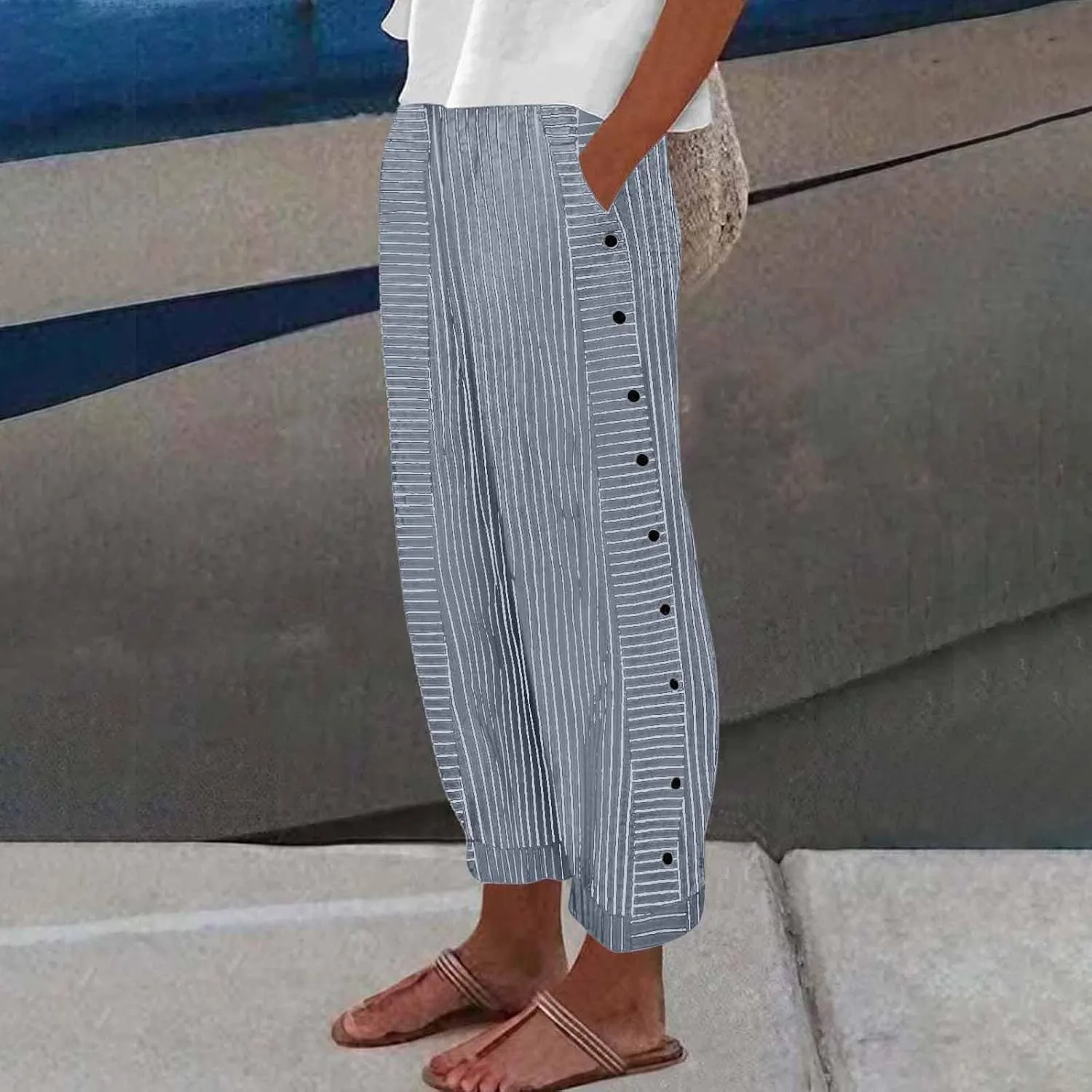Striped Linen Pants Women 2025 Casual Summer Pants Side Button Elastic Waist Pants Straight Leg Trousers with Pockets