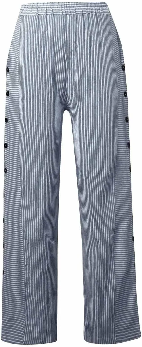 Striped Linen Pants Women 2025 Casual Summer Pants Side Button Elastic Waist Pants Straight Leg Trousers with Pockets
