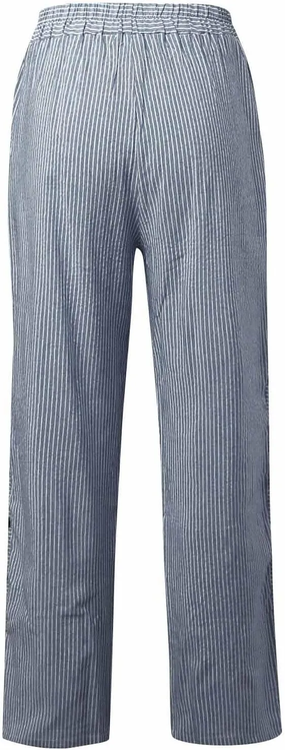 Striped Linen Pants Women 2025 Casual Summer Pants Side Button Elastic Waist Pants Straight Leg Trousers with Pockets