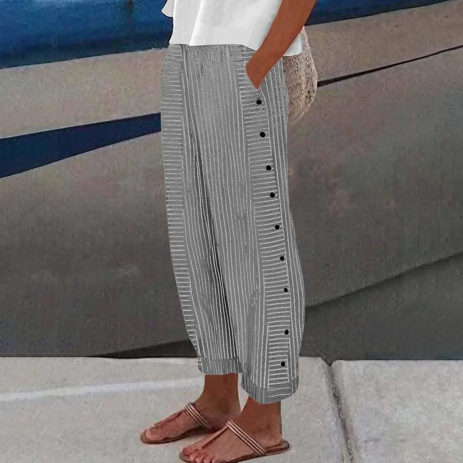 Striped Linen Pants Women Elastic Waist Casual Pants with Pockets Side Button Straight Leg Trousers Vacation Beach Pants