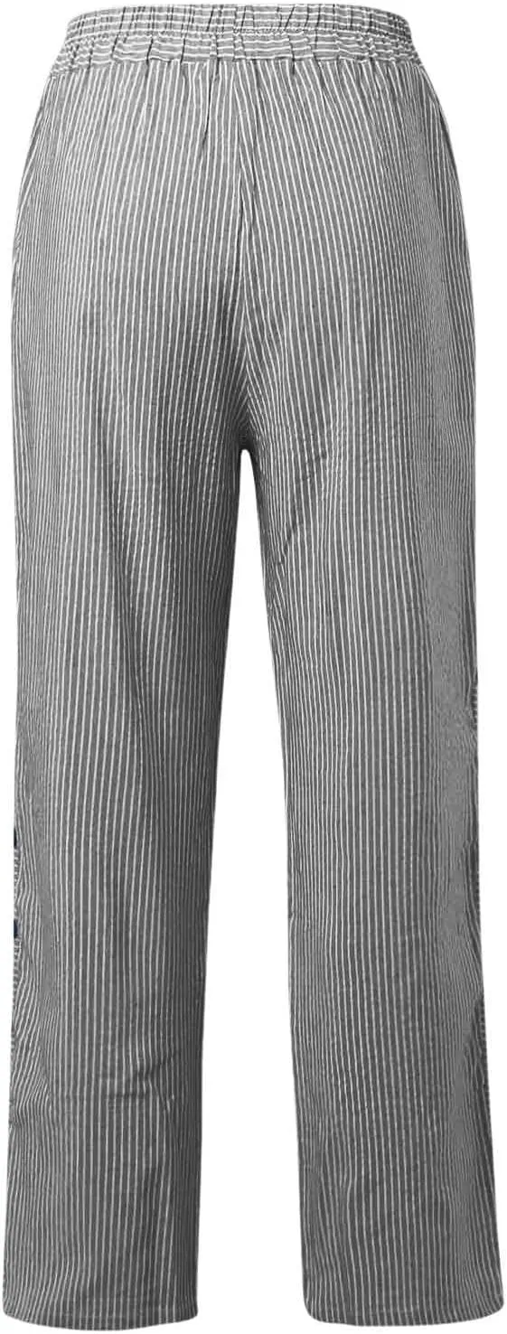 Striped Linen Pants Women Elastic Waist Casual Pants with Pockets Side Button Straight Leg Trousers Vacation Beach Pants
