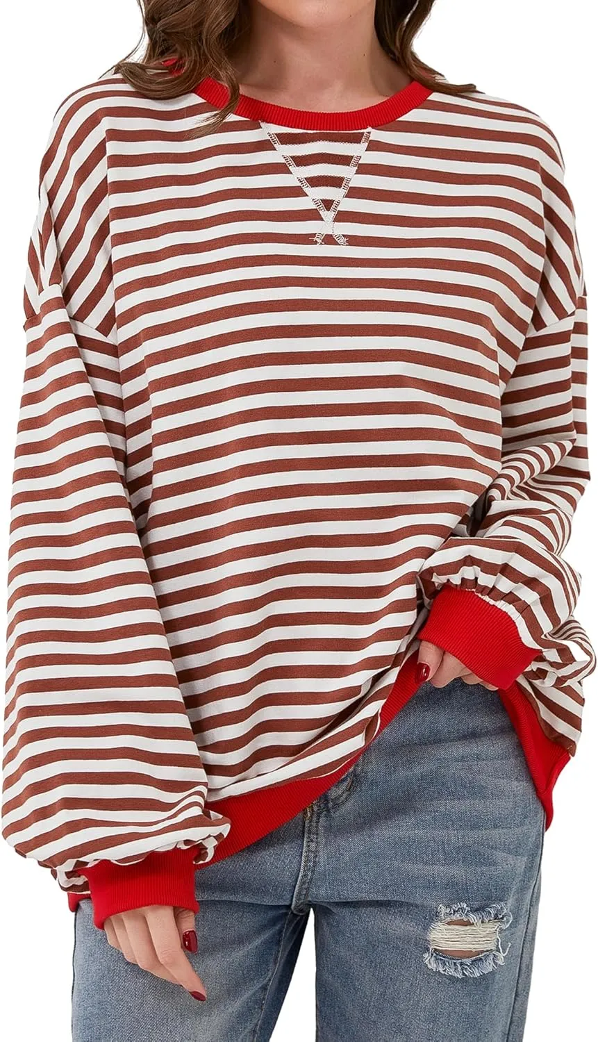 Striped Shirt Women Oversized Sweatshirt Color Block Long Sleeve Crew Neck Sweatshirt Loose Pullover Shirt Top