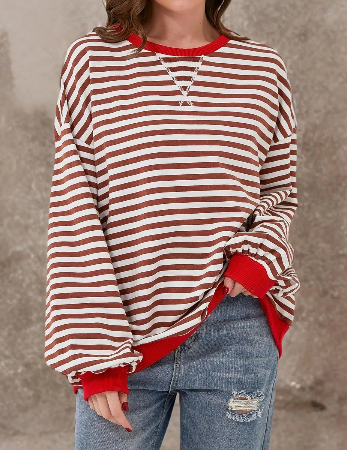 Striped Shirt Women Oversized Sweatshirt Color Block Long Sleeve Crew Neck Sweatshirt Loose Pullover Shirt Top
