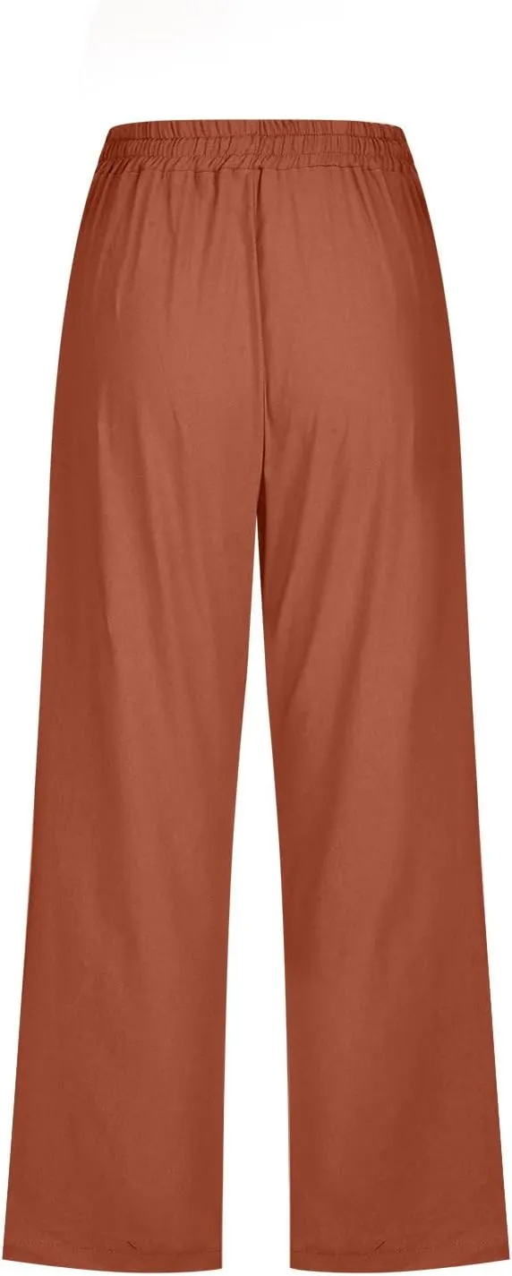 Summer Linen Capri Pants for Women Trendy High Waisted Capris Drawstring Lounge Trouser Wide Leg Beach Vacation Outfits