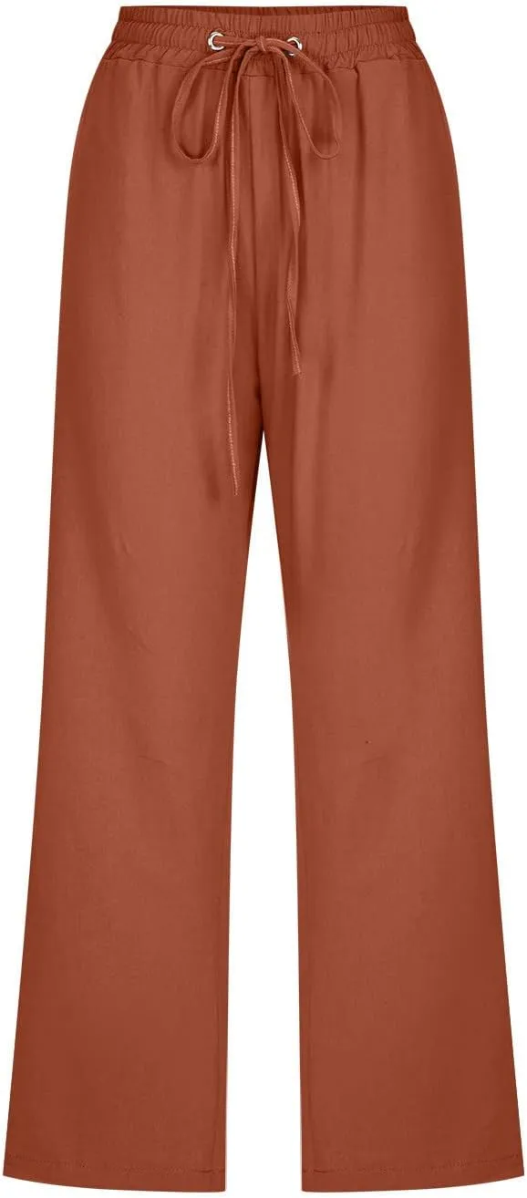 Summer Linen Capri Pants for Women Trendy High Waisted Capris Drawstring Lounge Trouser Wide Leg Beach Vacation Outfits