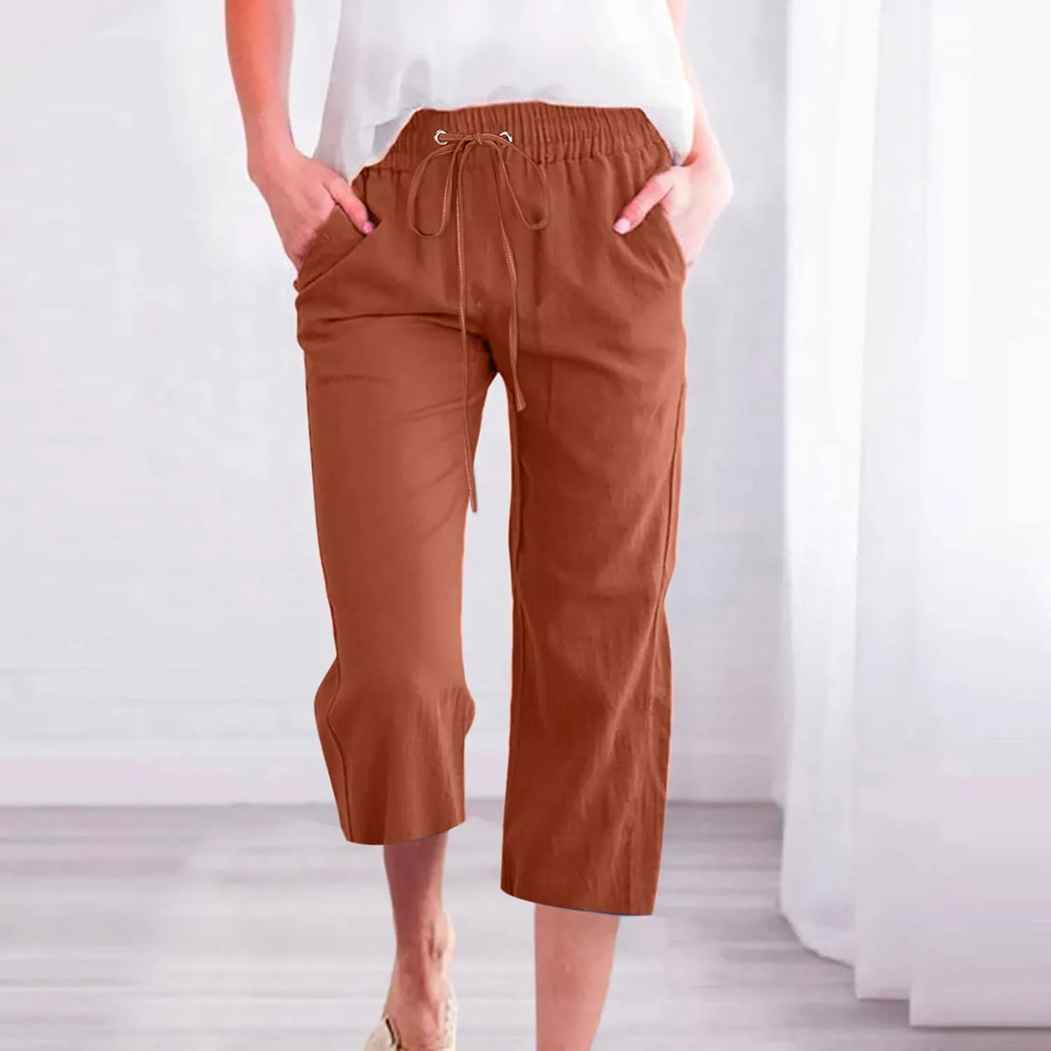 Summer Linen Capri Pants for Women Trendy High Waisted Capris Drawstring Lounge Trouser Wide Leg Beach Vacation Outfits