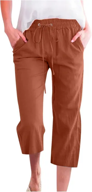 Summer Linen Capri Pants for Women Trendy High Waisted Capris Drawstring Lounge Trouser Wide Leg Beach Vacation Outfits