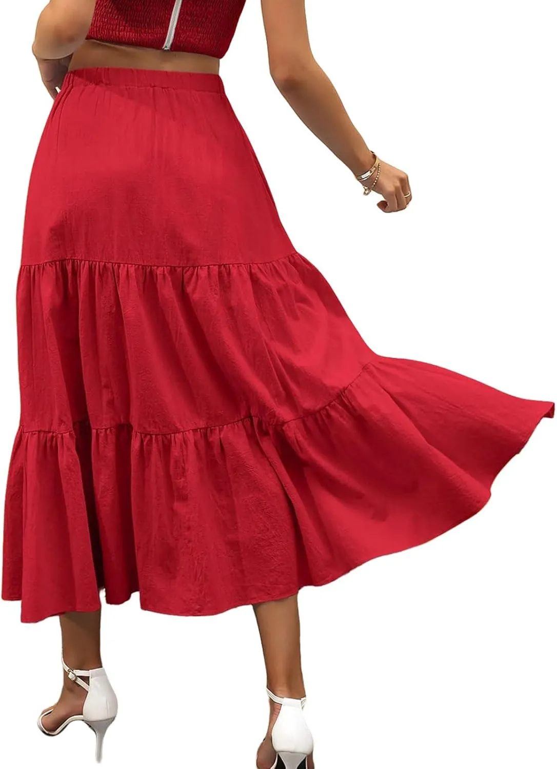 Summer Maxi Skirts for Women Fashion Boho Elastic High Waist Ruffle Hem Skirt Flowy Solid Color Skorts with Pockets