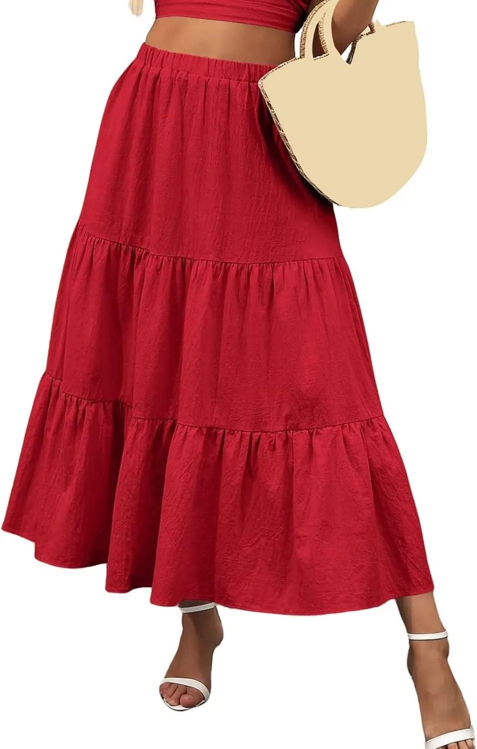 Summer Maxi Skirts for Women Fashion Boho Elastic High Waist Ruffle Hem Skirt Flowy Solid Color Skorts with Pockets