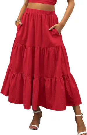 Summer Maxi Skirts for Women Fashion Boho Elastic High Waist Ruffle Hem Skirt Flowy Solid Color Skorts with Pockets