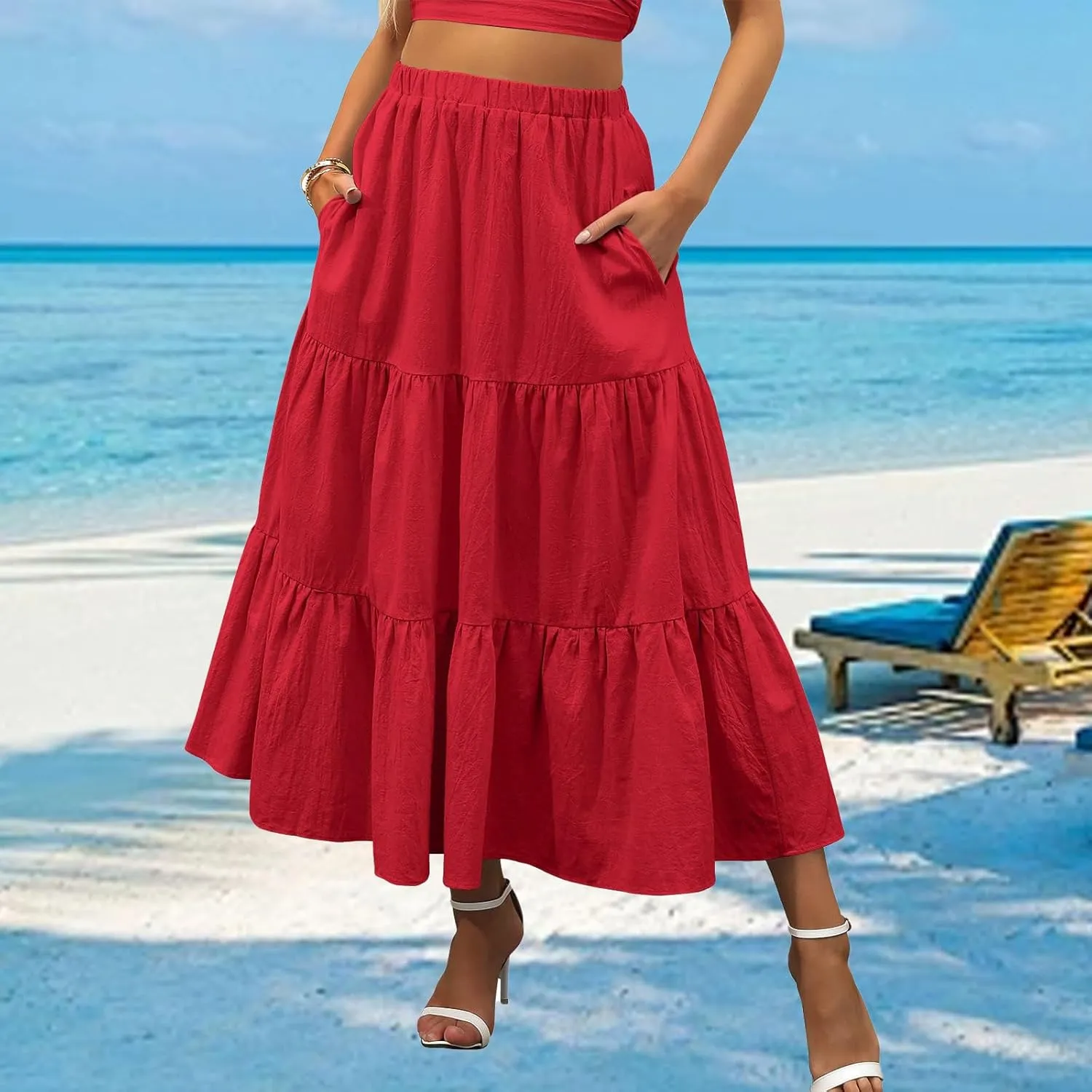 Summer Maxi Skirts for Women Fashion Boho Elastic High Waist Ruffle Hem Skirt Flowy Solid Color Skorts with Pockets