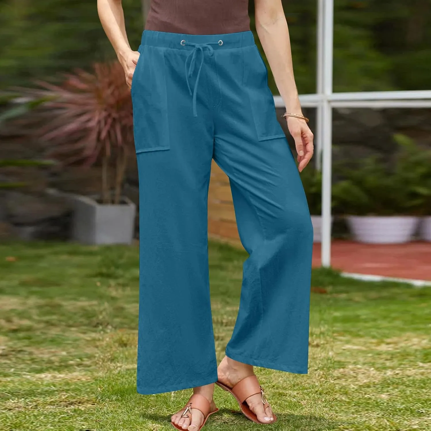 Summer Pants for Women Plus Size Cotton Linen Pant High Waisted Drawstring Wide Leg Lounge Trousers with Pockets