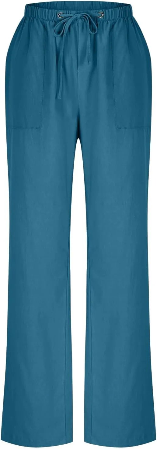 Summer Pants for Women Plus Size Cotton Linen Pant High Waisted Drawstring Wide Leg Lounge Trousers with Pockets
