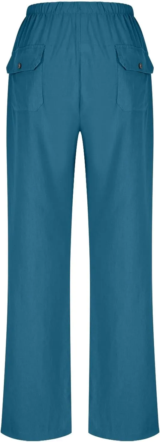 Summer Pants for Women Plus Size Cotton Linen Pant High Waisted Drawstring Wide Leg Lounge Trousers with Pockets