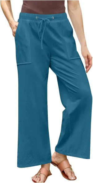 Summer Pants for Women Plus Size Cotton Linen Pant High Waisted Drawstring Wide Leg Lounge Trousers with Pockets