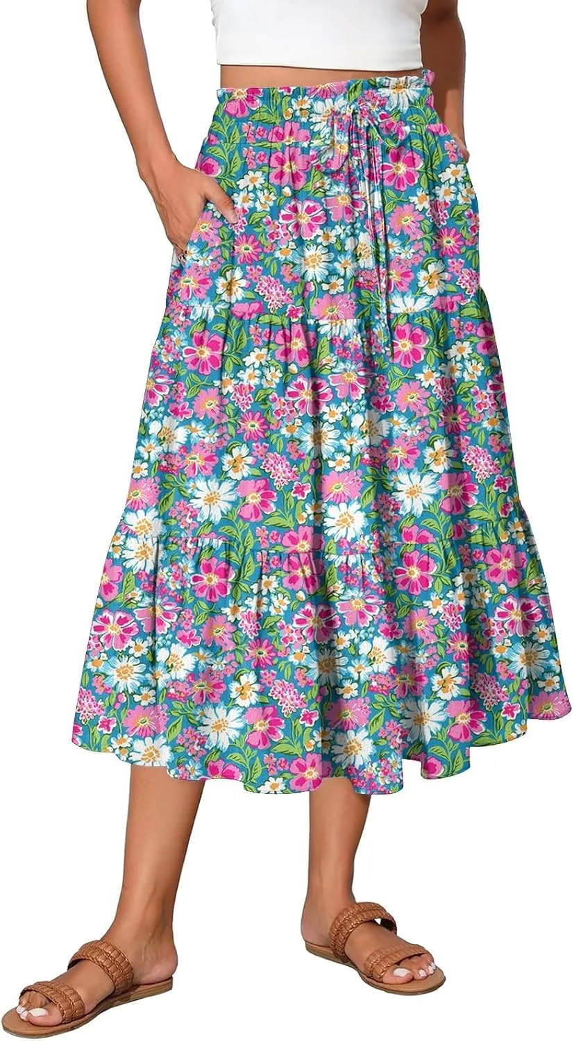 Summer Skirt for Women Comfy Tiered Elastic High Waisted Floral Maxi Skirts Vacation A-Line Flowy Swing Long Skorts
