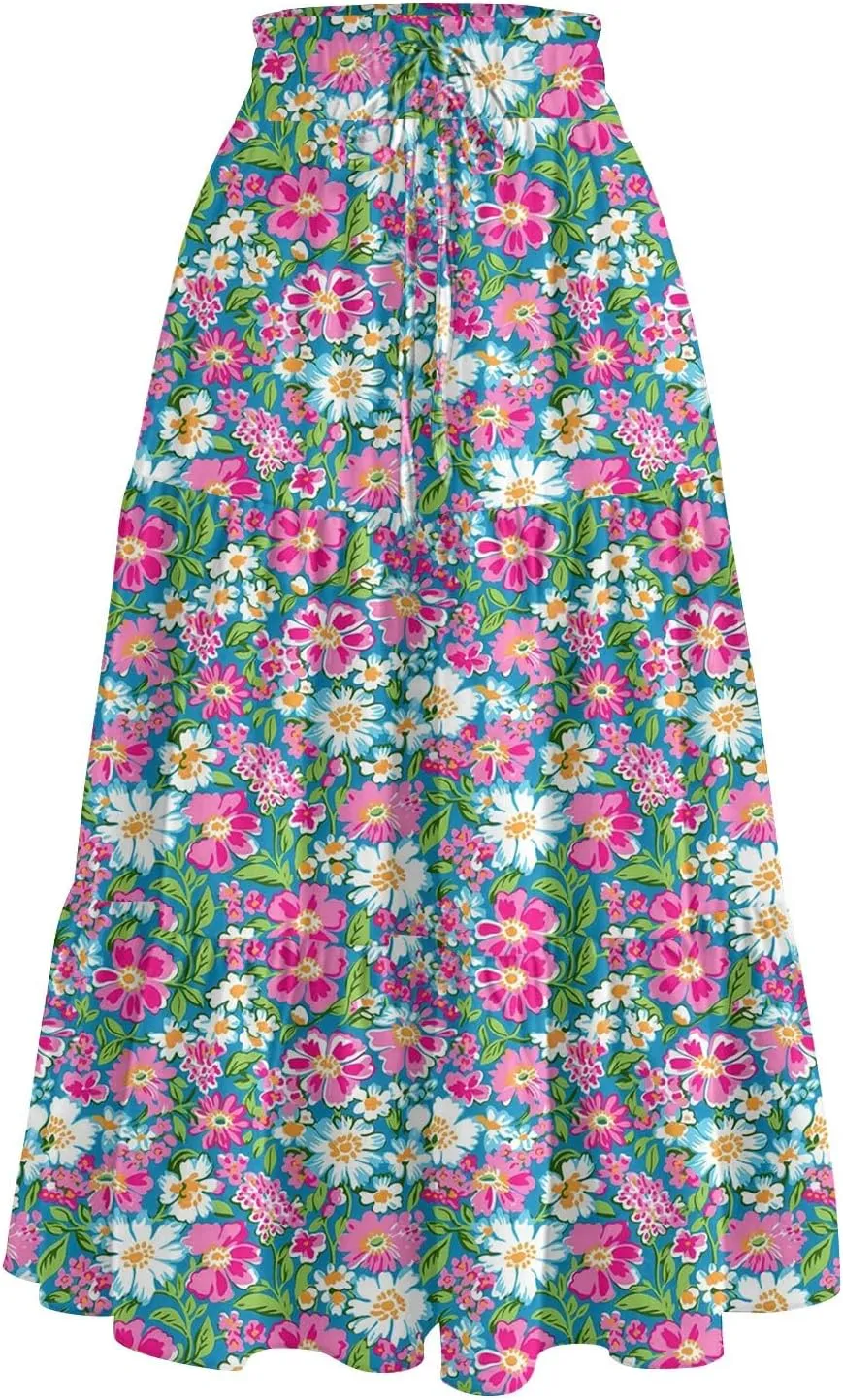 Summer Skirt for Women Comfy Tiered Elastic High Waisted Floral Maxi Skirts Vacation A-Line Flowy Swing Long Skorts