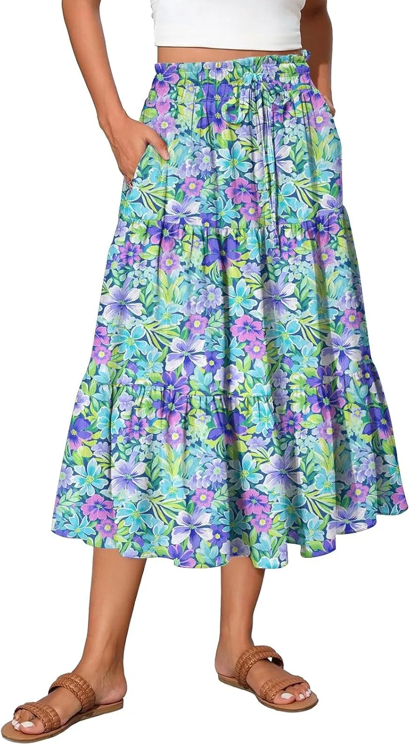 Summer Skirt for Women Comfy Tiered Elastic High Waisted Floral Maxi Skirts Vacation A-Line Flowy Swing Long Skorts