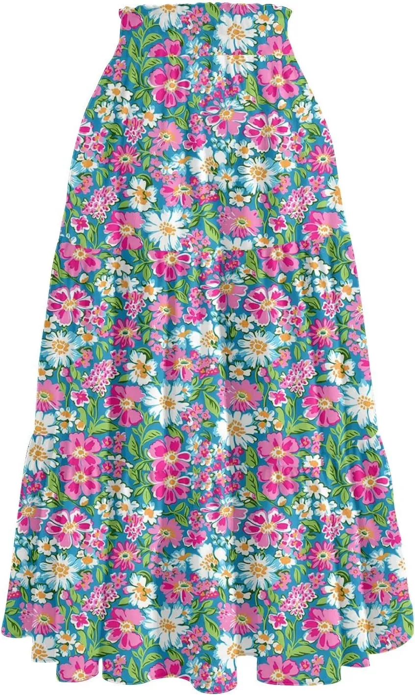 Summer Skirt for Women Comfy Tiered Elastic High Waisted Floral Maxi Skirts Vacation A-Line Flowy Swing Long Skorts