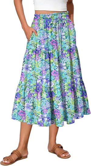 Summer Skirt for Women Comfy Tiered Elastic High Waisted Floral Maxi Skirts Vacation A-Line Flowy Swing Long Skorts