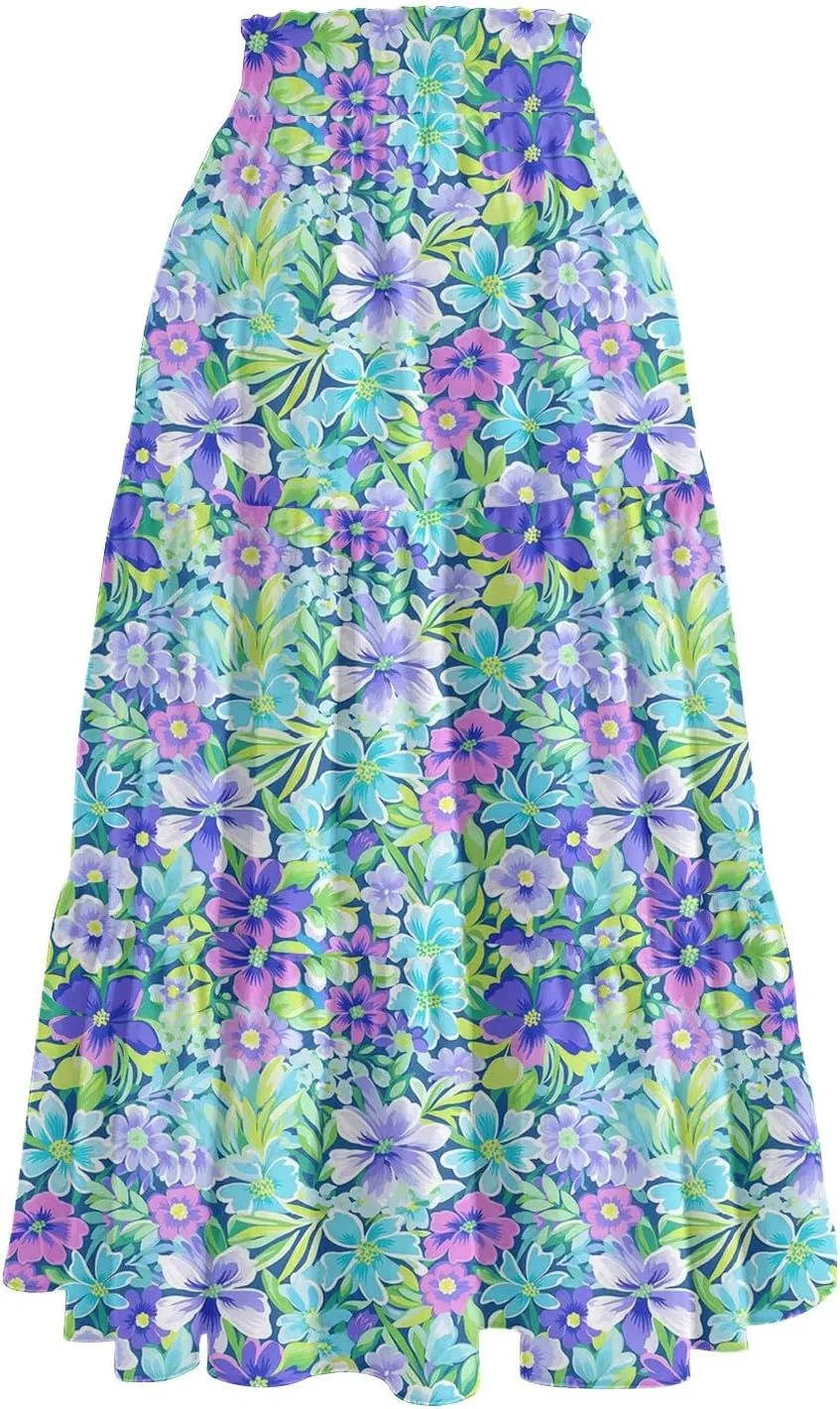 Summer Skirt for Women Comfy Tiered Elastic High Waisted Floral Maxi Skirts Vacation A-Line Flowy Swing Long Skorts