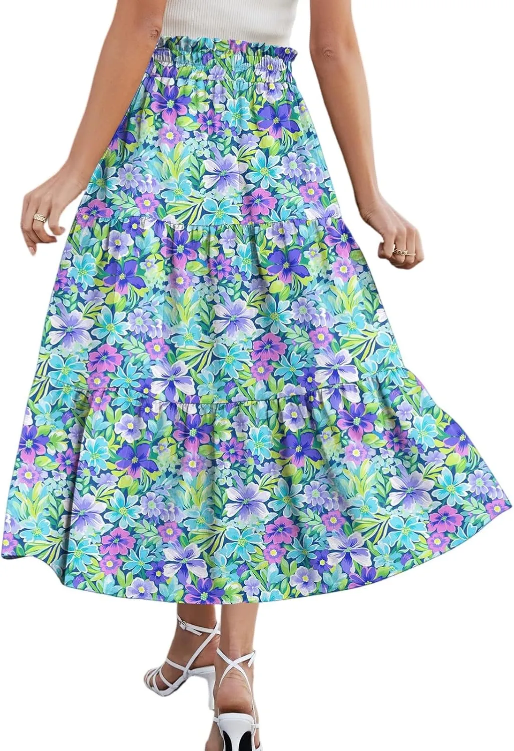 Summer Skirt for Women Comfy Tiered Elastic High Waisted Floral Maxi Skirts Vacation A-Line Flowy Swing Long Skorts