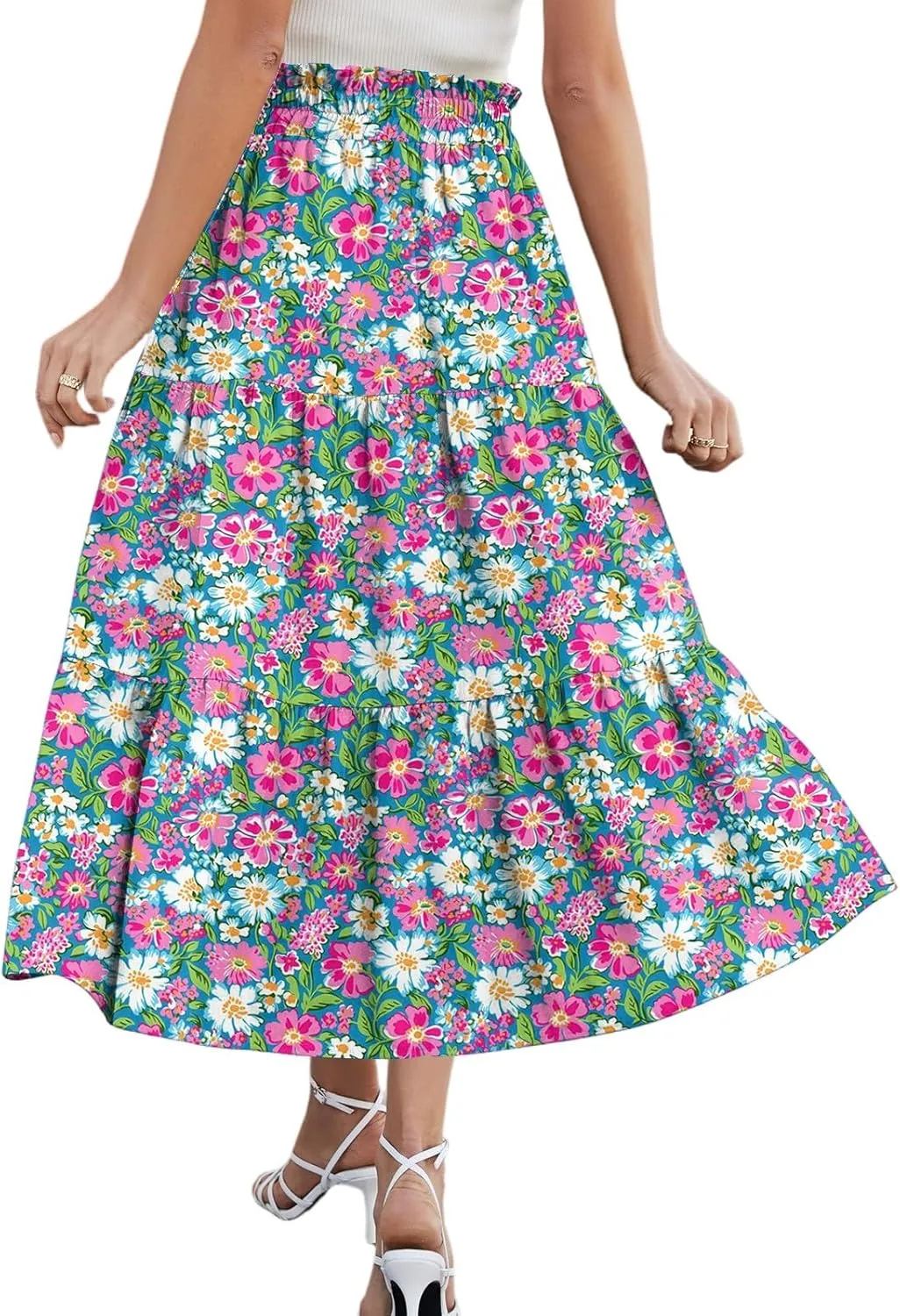 Summer Skirt for Women Comfy Tiered Elastic High Waisted Floral Maxi Skirts Vacation A-Line Flowy Swing Long Skorts