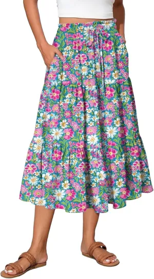 Summer Skirt for Women Comfy Tiered Elastic High Waisted Floral Maxi Skirts Vacation A-Line Flowy Swing Long Skorts