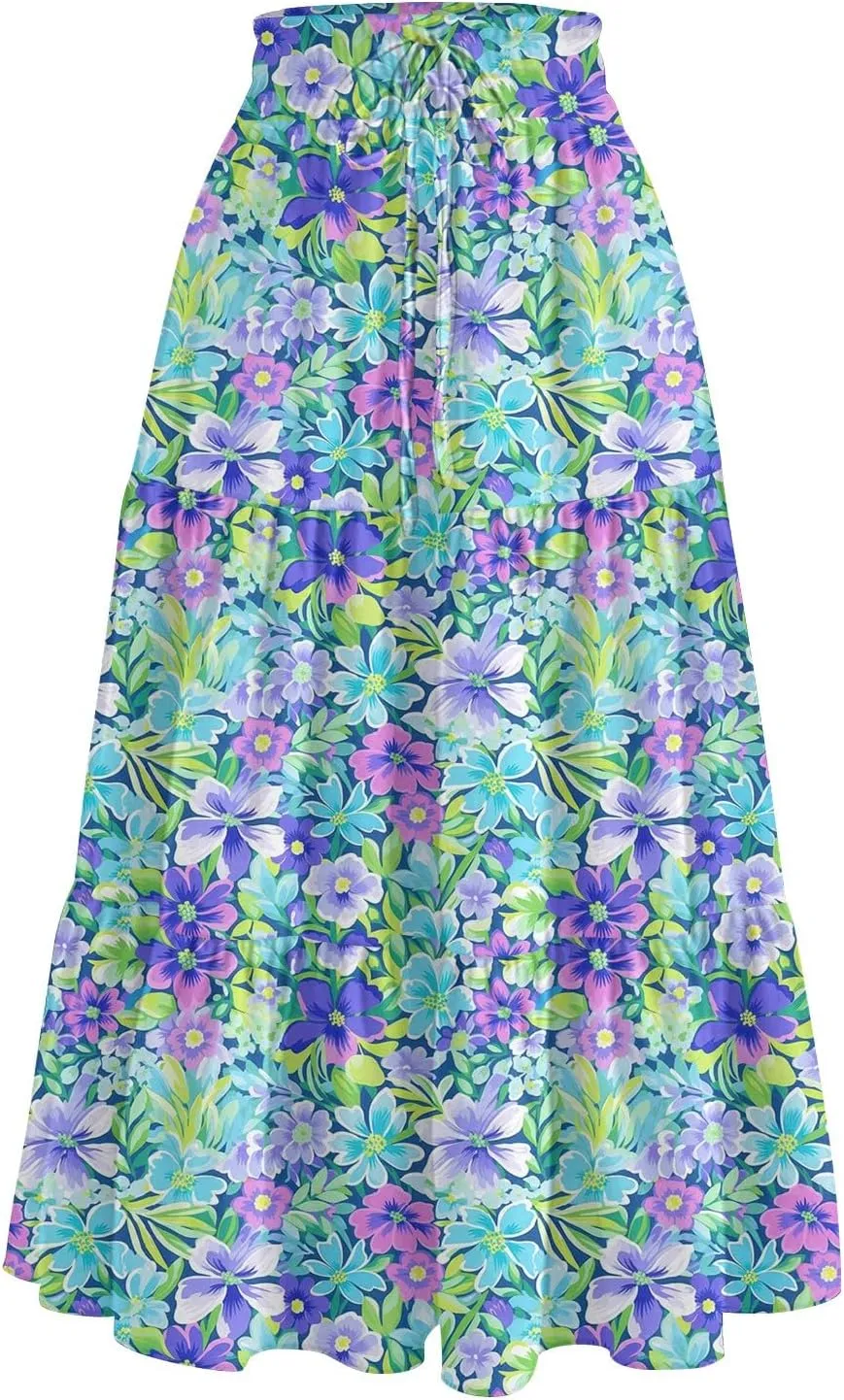 Summer Skirt for Women Comfy Tiered Elastic High Waisted Floral Maxi Skirts Vacation A-Line Flowy Swing Long Skorts