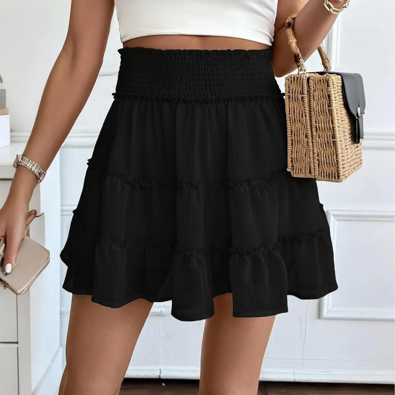 Summer Skirts for Women 2025 Cute High Waisted Tiered Ruffle Short Skirt Flowy Beach Chiffon Mini Skirts with Shorts