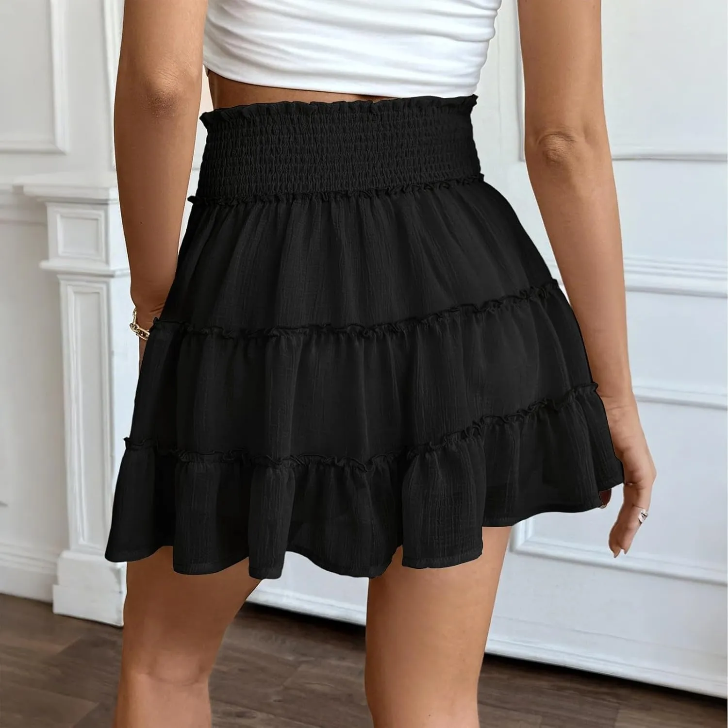 Summer Skirts for Women 2025 Cute High Waisted Tiered Ruffle Short Skirt Flowy Beach Chiffon Mini Skirts with Shorts