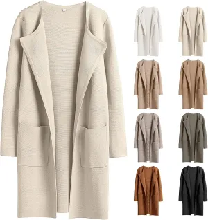 Sweaters for Women Open Front Knit Cardigan Casual Long Sleeve Lapel Sweater Long Trench Coat with Pockets