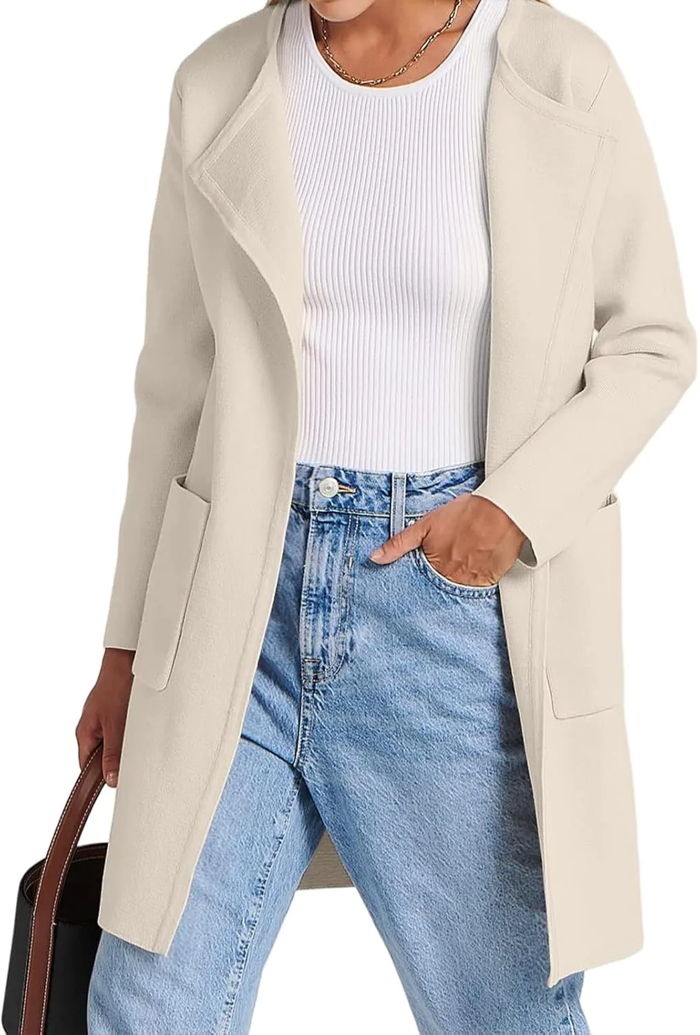 Sweaters for Women Open Front Knit Cardigan Casual Long Sleeve Lapel Sweater Long Trench Coat with Pockets