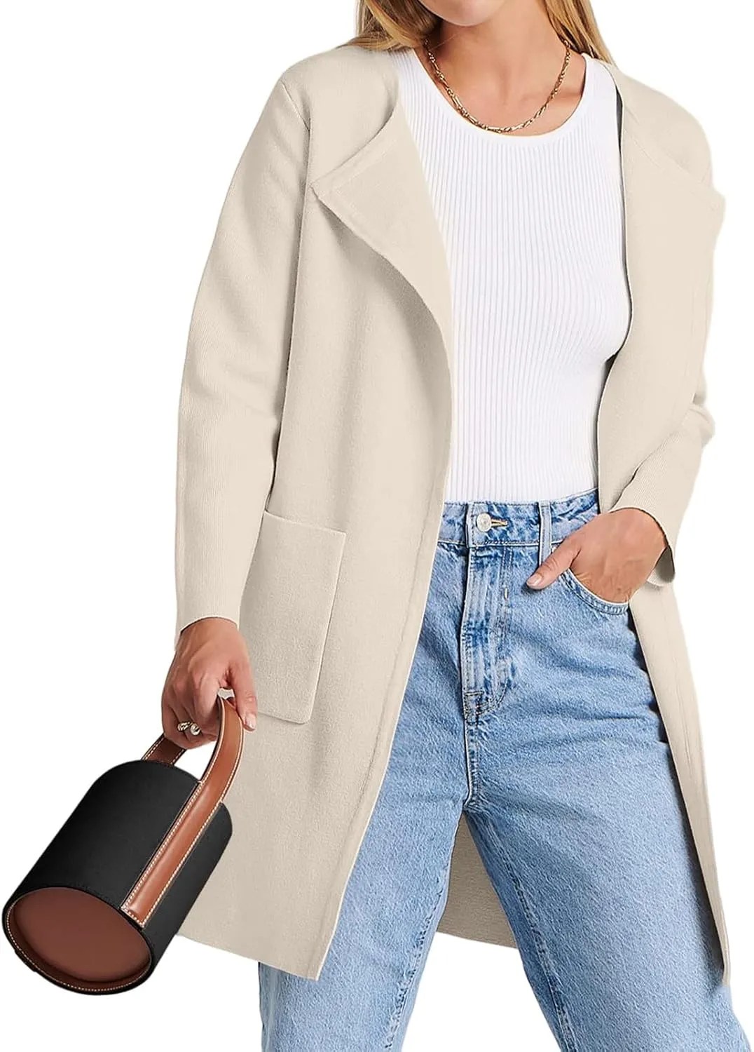 Sweaters for Women Open Front Knit Cardigan Casual Long Sleeve Lapel Sweater Long Trench Coat with Pockets