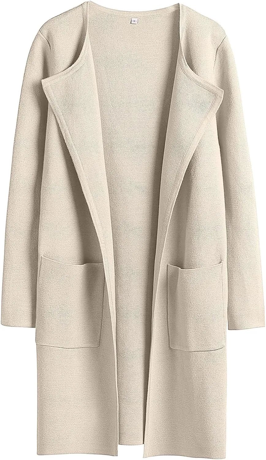Sweaters for Women Open Front Knit Cardigan Casual Long Sleeve Lapel Sweater Long Trench Coat with Pockets