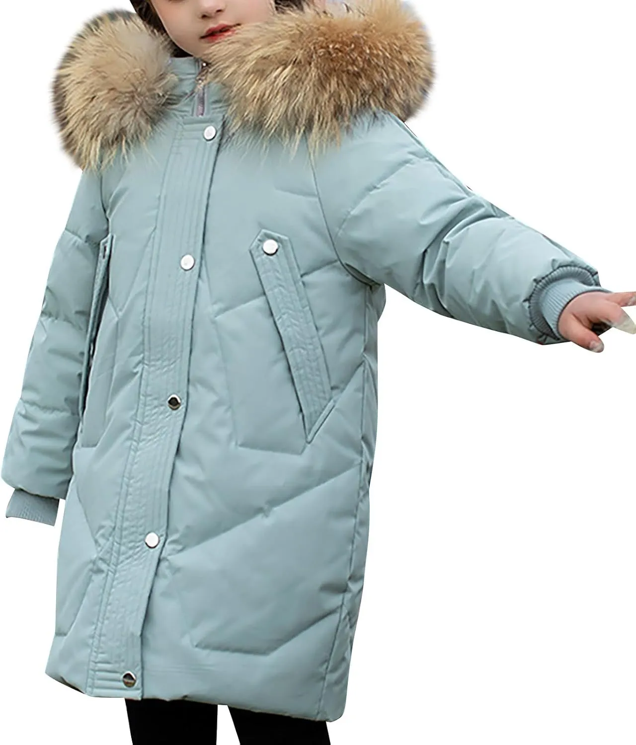Teens Girls Long Heavyweight Puffer Jacket with Fur Hood Kids Fashion Thick Padded Down Jacket Winter Warm Outwear