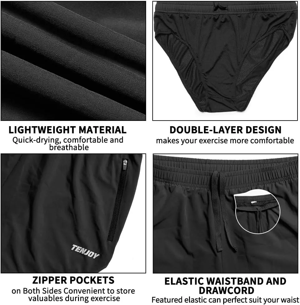 TENJOY Men's Running Shorts Gym Athletic Workout Shorts for Men 3 inch Sports Shorts with Zipper Pocket