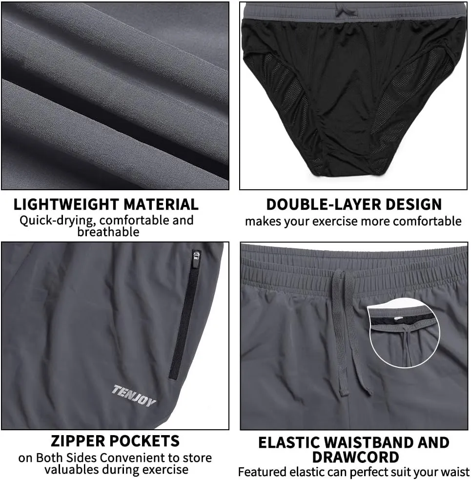 TENJOY Men's Running Shorts Gym Athletic Workout Shorts for Men 3 inch Sports Shorts with Zipper Pocket