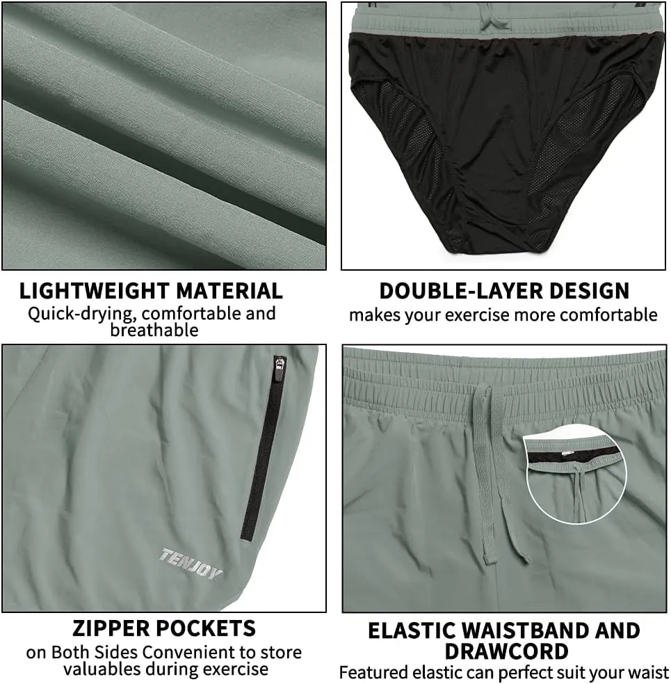 TENJOY Men's Running Shorts Gym Athletic Workout Shorts for Men 3 inch Sports Shorts with Zipper Pocket