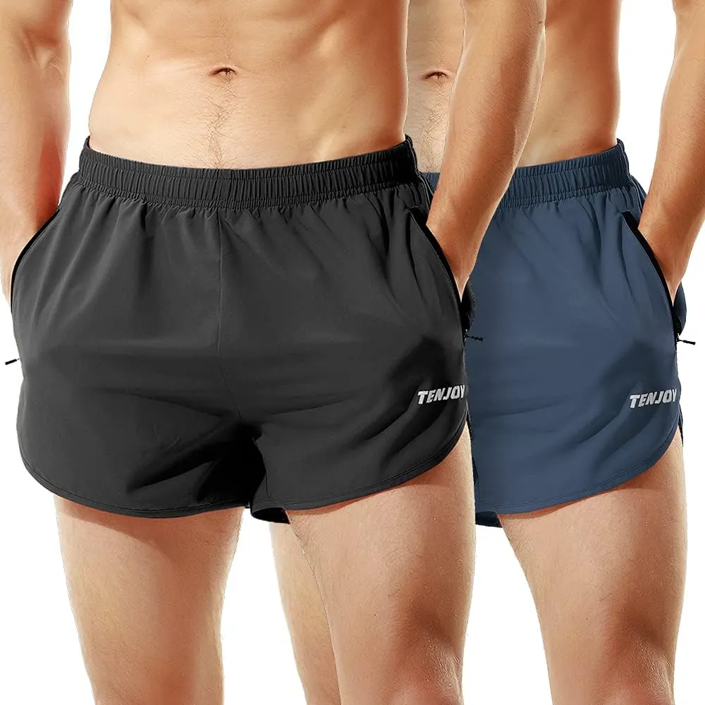 TENJOY Men's Running Shorts Gym Athletic Workout Shorts for Men 3 inch Sports Shorts with Zipper Pocket