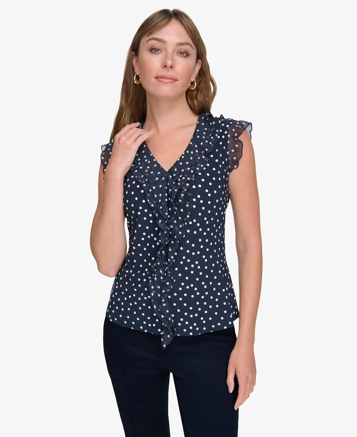 Tommy Hilfiger Women's Work Shirt Sleeveless Ruffle Front Shirts