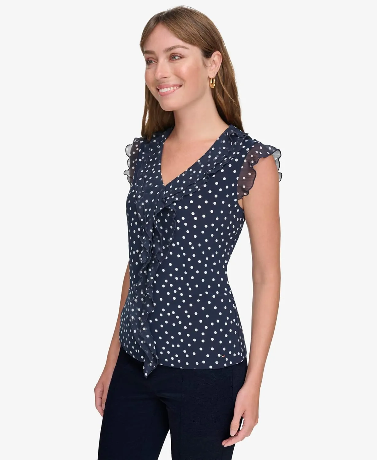 Tommy Hilfiger Women's Work Shirt Sleeveless Ruffle Front Shirts