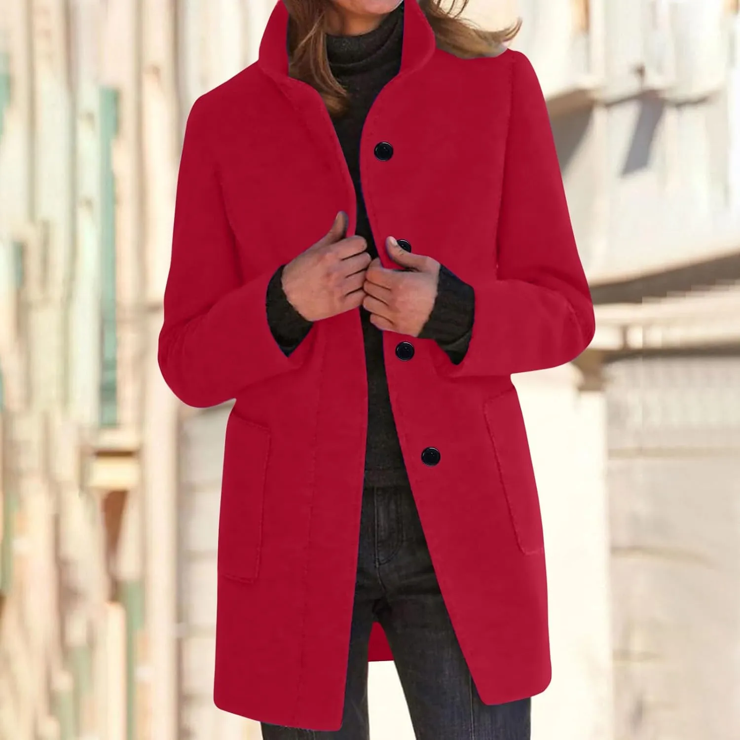 Trench Coat for Women Wool Blend Casual Coat Single Breasted Stand Collar Slim Fit Dressy Jackets with Pockets