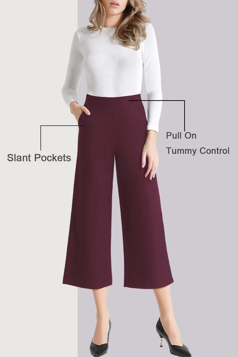 Tsful Wide Leg Pants for Women Trousers High Waisted Dress Pants Business Casual Summer Capris Stretch Pull On Work Slacks