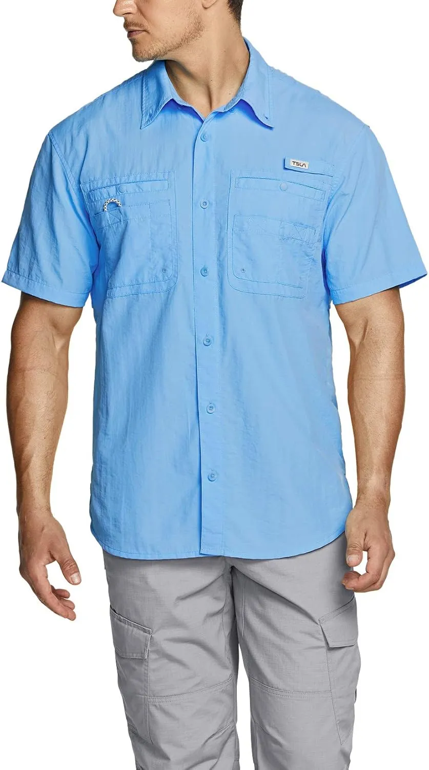 TSLA Men's Performance Fishing Shirt, UPF 50  Breathable Button Down Shirts, Outdoor Recreation Short Sleeve Shirt
