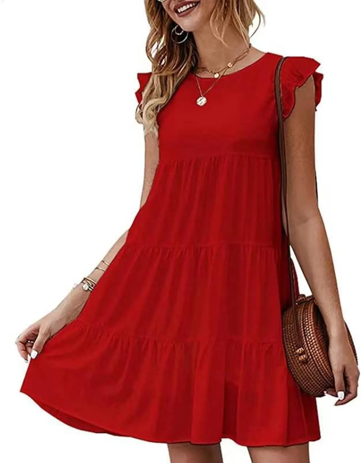 TUNUSKAT Womens Summer Mini Dresses Sleeveless Ruffle Sleeve Round Neck Tunic Dress Solid Loose Flowy Pleated Babydoll Dress