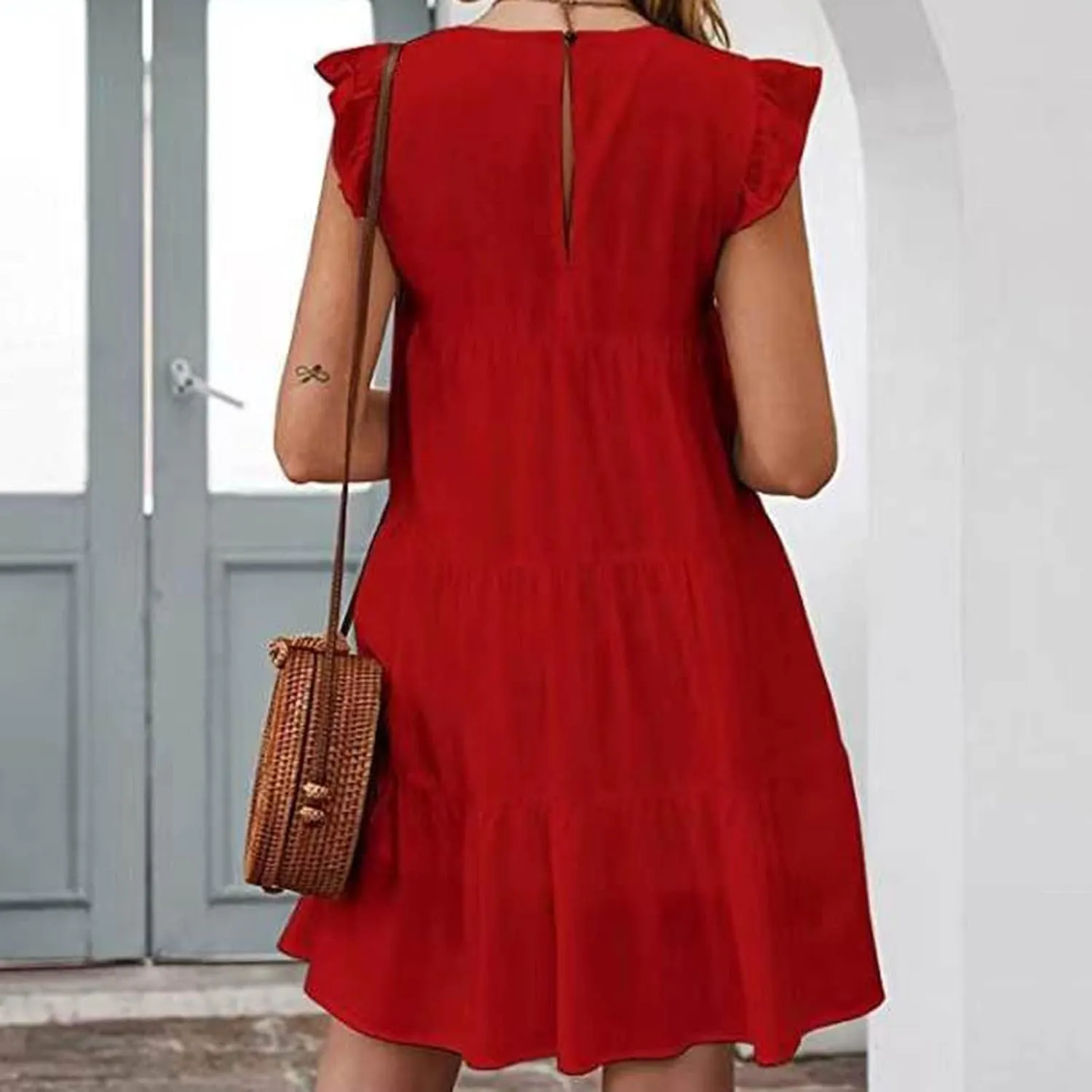 TUNUSKAT Womens Summer Mini Dresses Sleeveless Ruffle Sleeve Round Neck Tunic Dress Solid Loose Flowy Pleated Babydoll Dress
