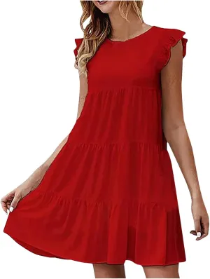 TUNUSKAT Womens Summer Mini Dresses Sleeveless Ruffle Sleeve Round Neck Tunic Dress Solid Loose Flowy Pleated Babydoll Dress