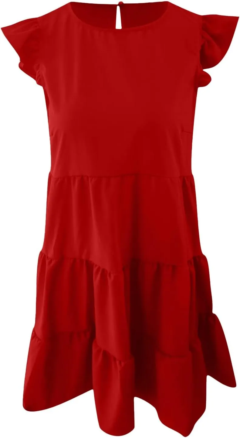 TUNUSKAT Womens Summer Mini Dresses Sleeveless Ruffle Sleeve Round Neck Tunic Dress Solid Loose Flowy Pleated Babydoll Dress